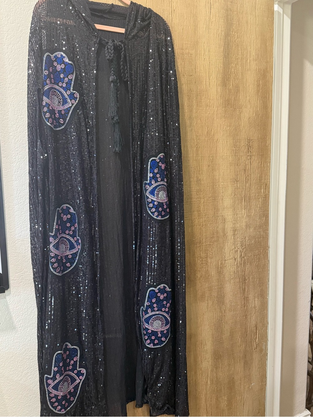 Black Sequined Hooded Hamsa Evil Eye Cloak